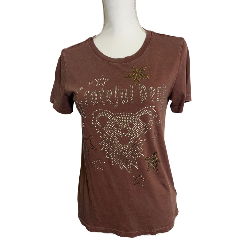Lucky Brand Grateful Dead Women's Brown Studded Short Sleeve Shirt Size XS